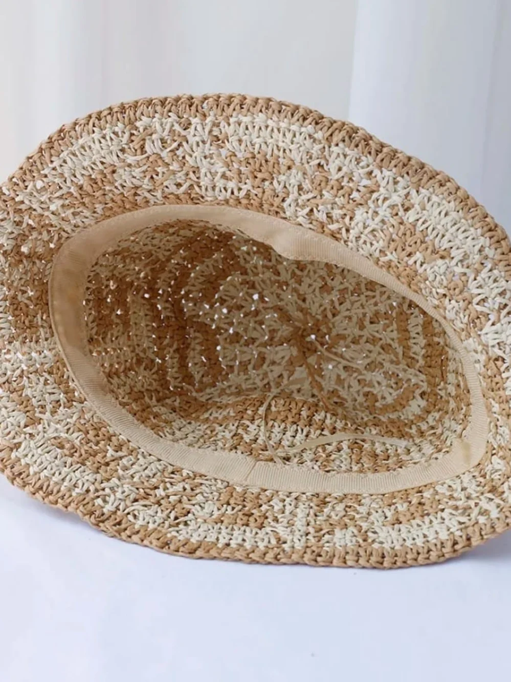 Neutral Two-Tone Crochet Bucket Hat - Straw Beige